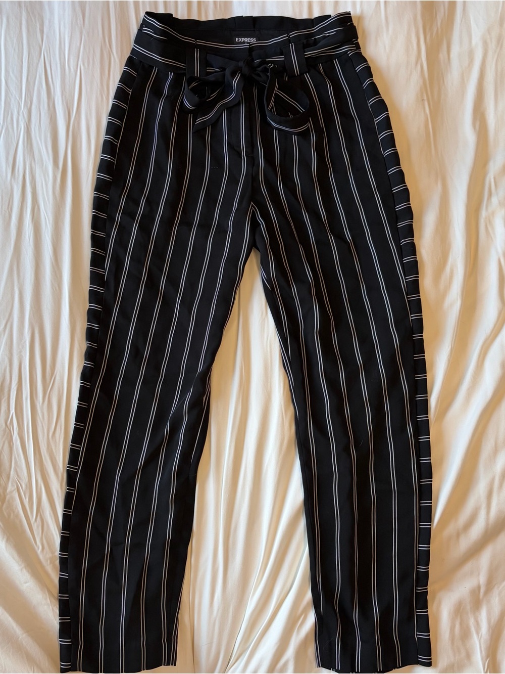 Express Black Pinstripe Tie-Waist Chinos with White Stripes